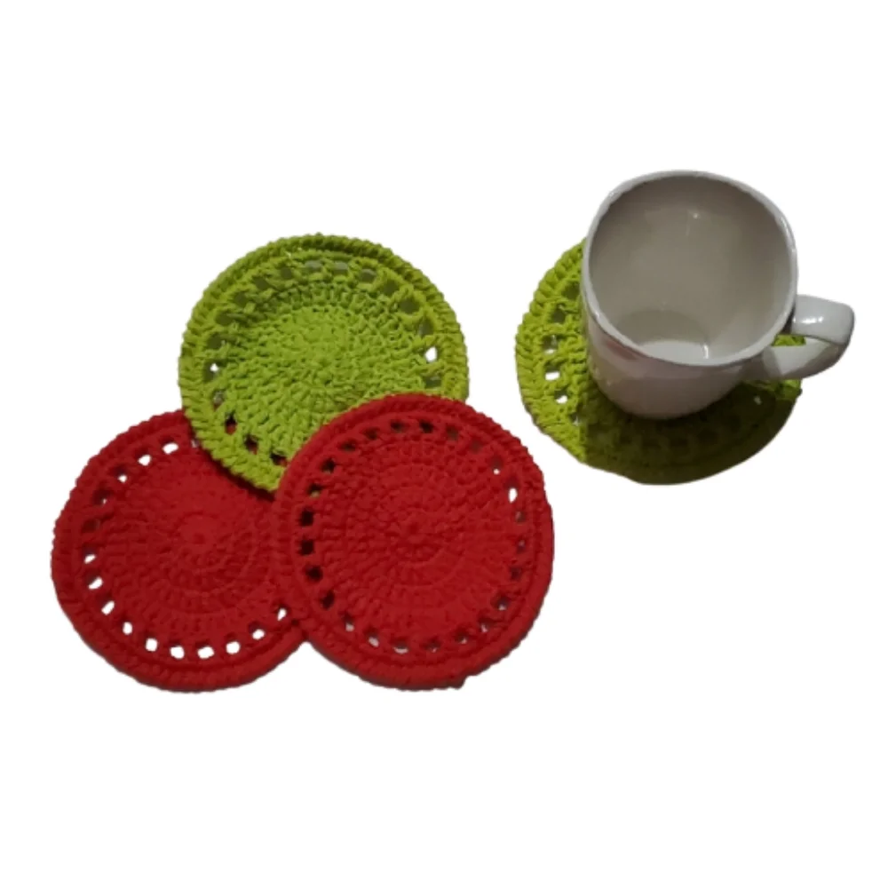 Ecofriendly Cotton Round Coaster Set of 4-Handmade Crocheted- Red and Lime Green